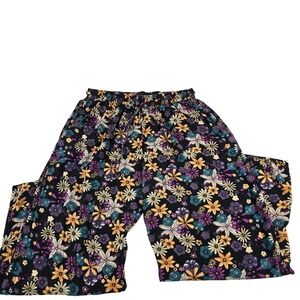 Lotus and Luna Floral Wide Leg Pants XL Black Purple Rayon Handmade Thailand